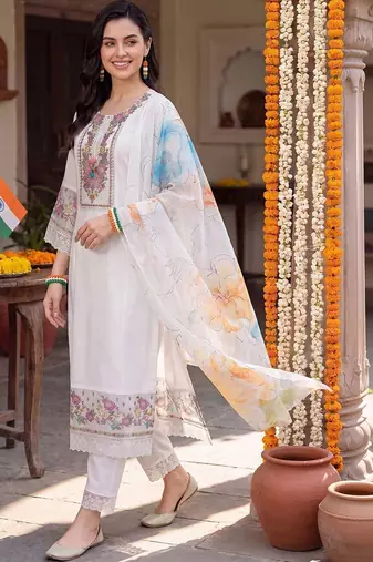 women floral embroidered regular thread work liva kurta with trousers & with dupatta