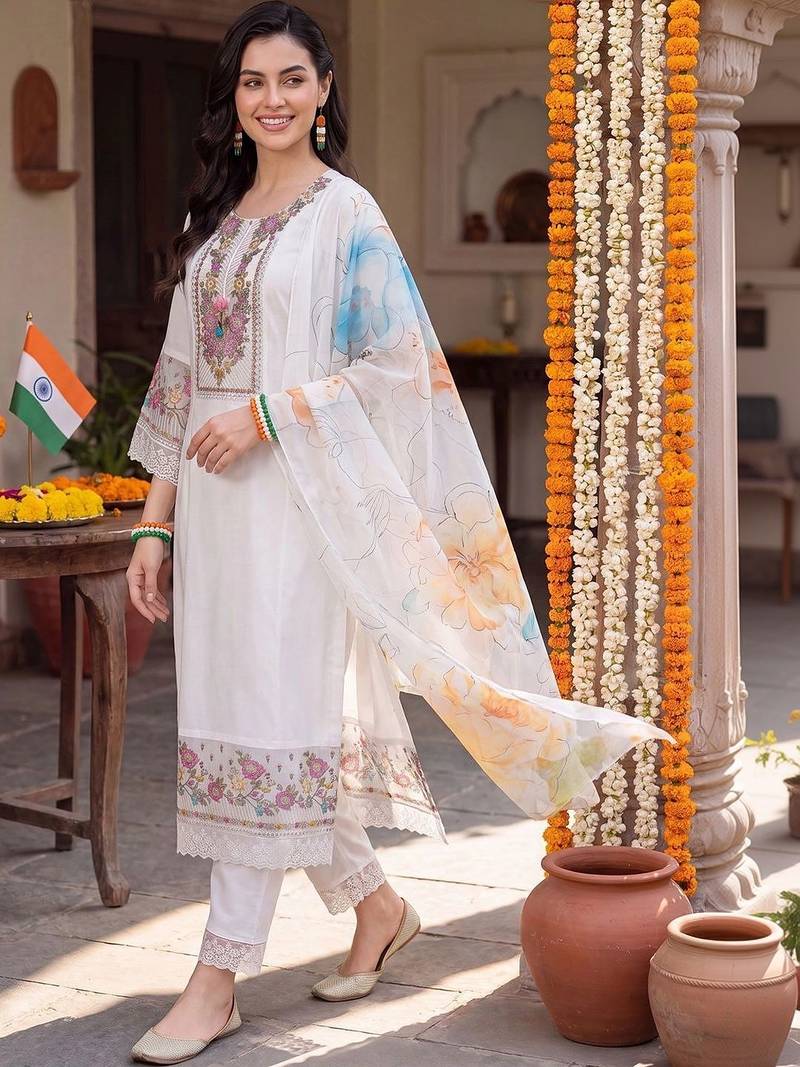 women floral embroidered regular thread work liva kurta with trousers & with dupatta