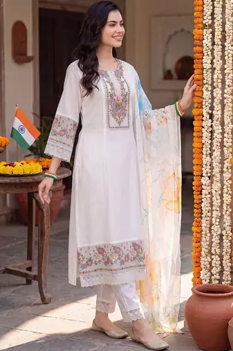 women floral embroidered regular thread work liva kurta with trousers & with dupatta