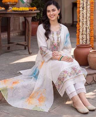 women floral embroidered regular thread work liva kurta with trousers & with dupatta 5