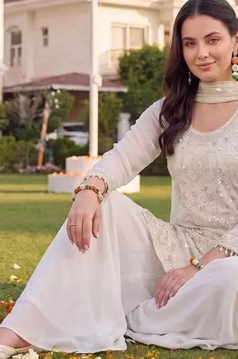 women ethnic motifs embroidered regular sequinned kurta with sharara & with dupatta