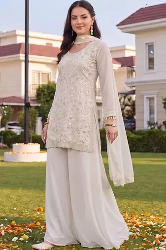 women ethnic motifs embroidered regular sequinned kurta with sharara & with dupatta