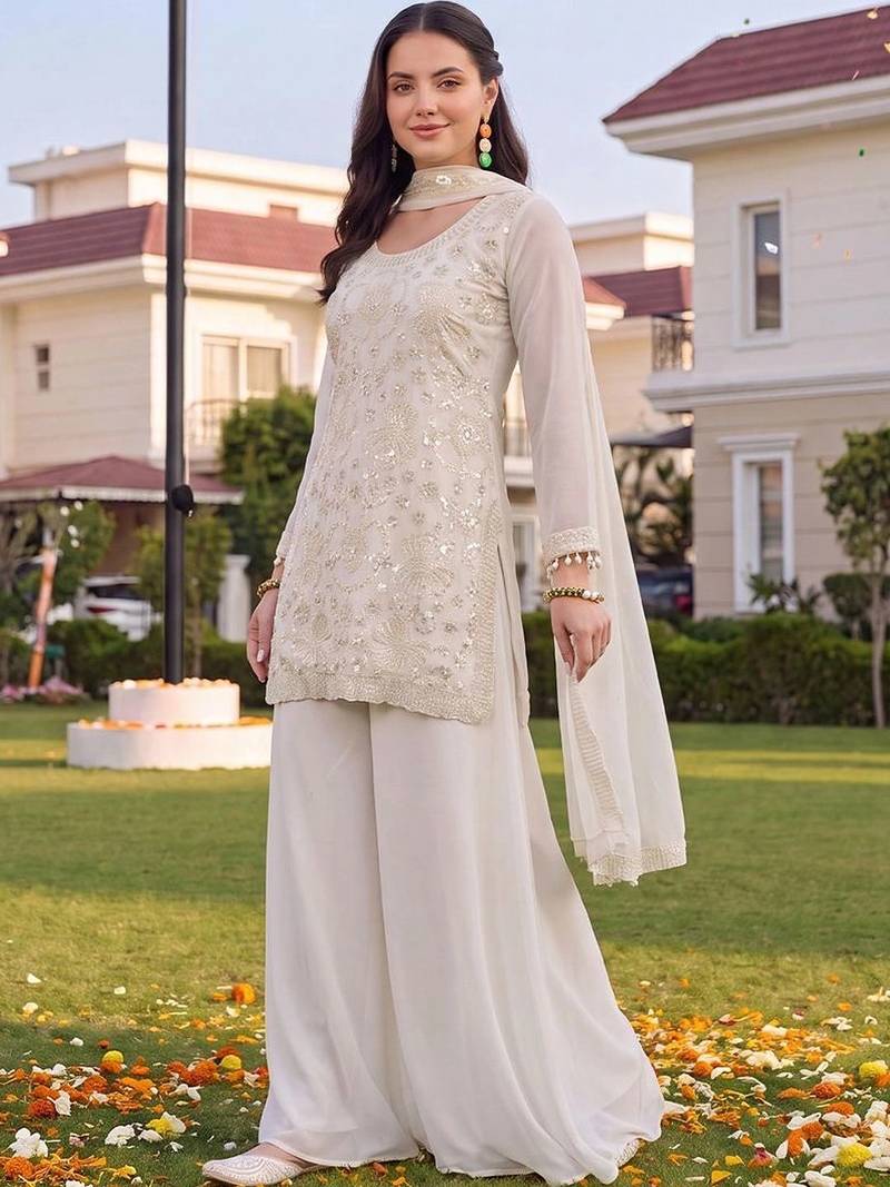 women ethnic motifs embroidered regular sequinned kurta with sharara & with dupatta
