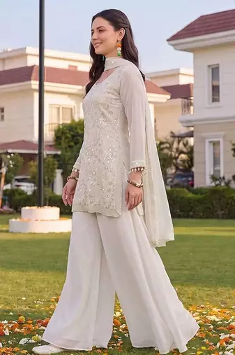 women ethnic motifs embroidered regular sequinned kurta with sharara & with dupatta