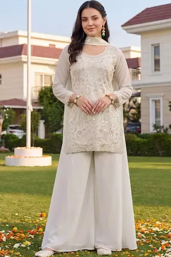 women ethnic motifs embroidered regular sequinned kurta with sharara & with dupatta