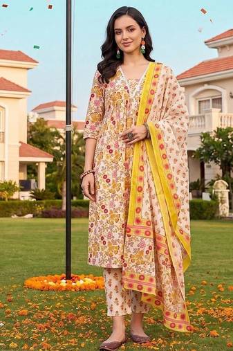 women floral printed regular cotton kurta with trousers & with dupatta