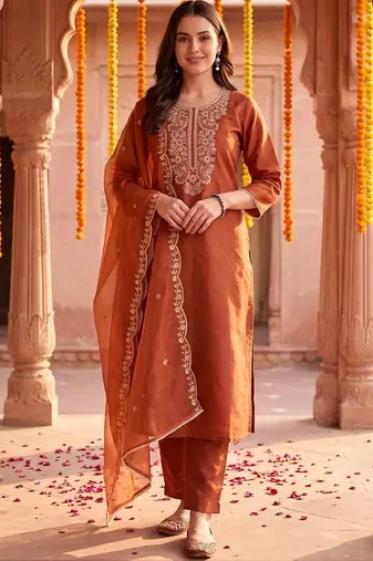women ethnic motifs embroidered regular thread work liva kurta with trousers & with dupatta
