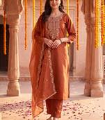 women ethnic motifs embroidered regular thread work liva kurta with trousers & with dupatta