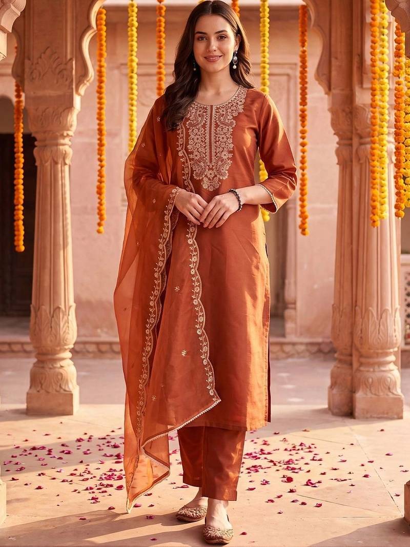 women ethnic motifs embroidered regular thread work liva kurta with trousers & with dupatta