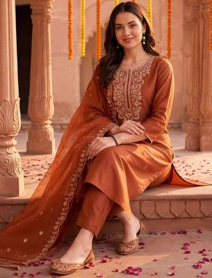 women ethnic motifs embroidered regular thread work liva kurta with trousers & with dupatta 2