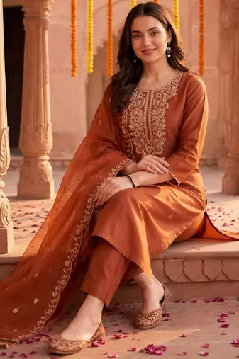 women ethnic motifs embroidered regular thread work liva kurta with trousers & with dupatta