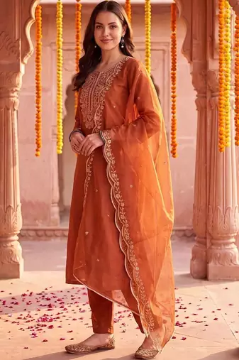 women ethnic motifs embroidered regular thread work liva kurta with trousers & with dupatta