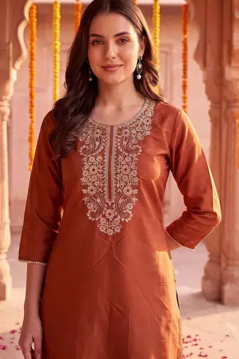 women ethnic motifs embroidered regular thread work liva kurta with trousers & with dupatta