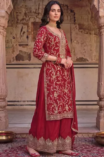 women ethnic motifs embroidered regular kurta with palazzos & with dupatta