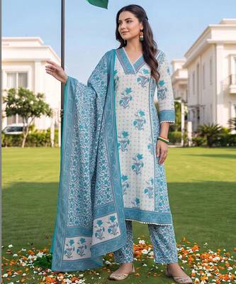women floral printed regular cotton kurta with trousers & with dupatta 1
