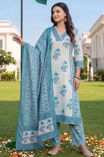 women floral printed regular cotton kurta with trousers & with dupatta
