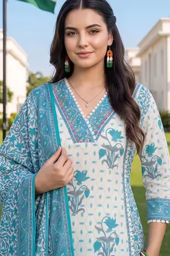 women floral printed regular cotton kurta with trousers & with dupatta