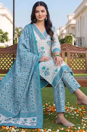 women floral printed regular cotton kurta with trousers & with dupatta
