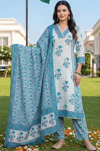 women floral printed regular cotton kurta with trousers & with dupatta