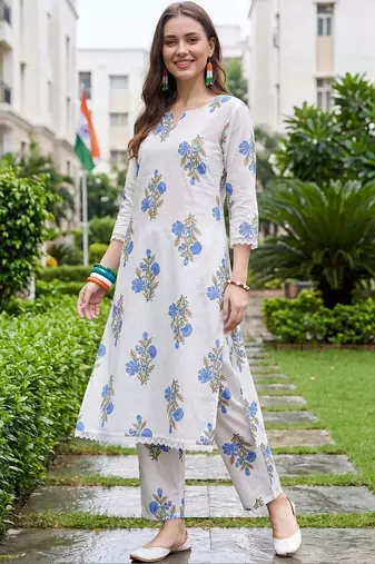 women floral printed regular cotton kurta with trousers