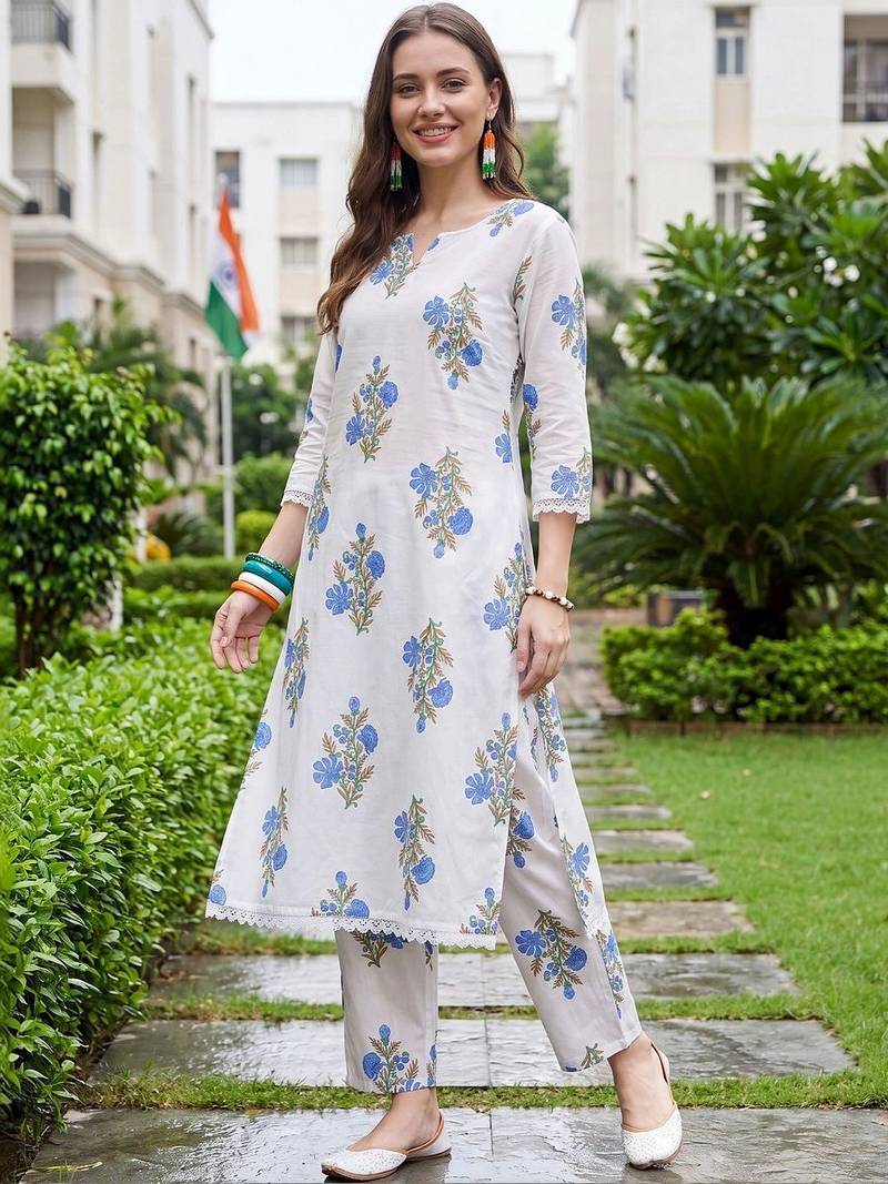 women floral printed regular cotton kurta with trousers