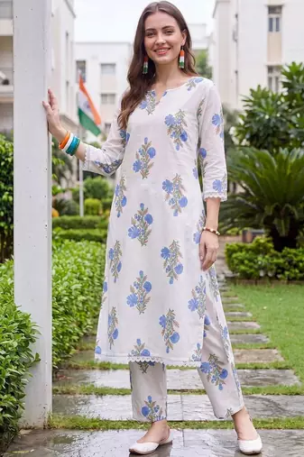 women floral printed regular cotton kurta with trousers