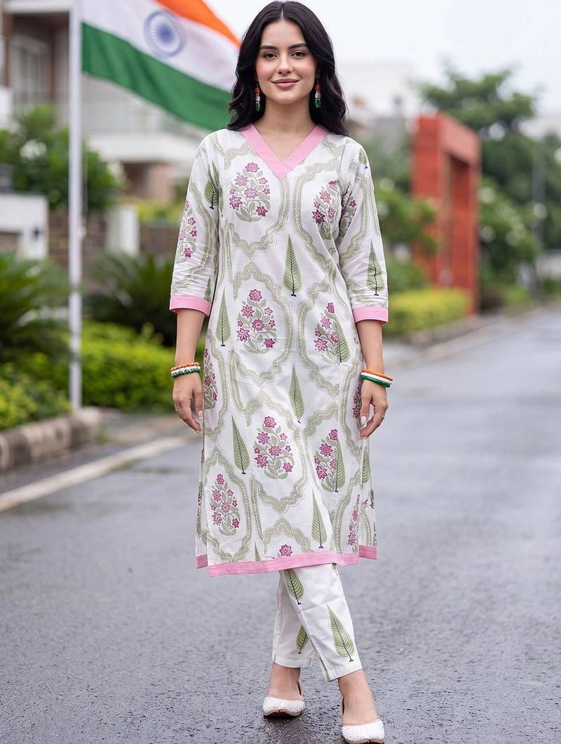 women floral printed regular cotton kurta with trousers