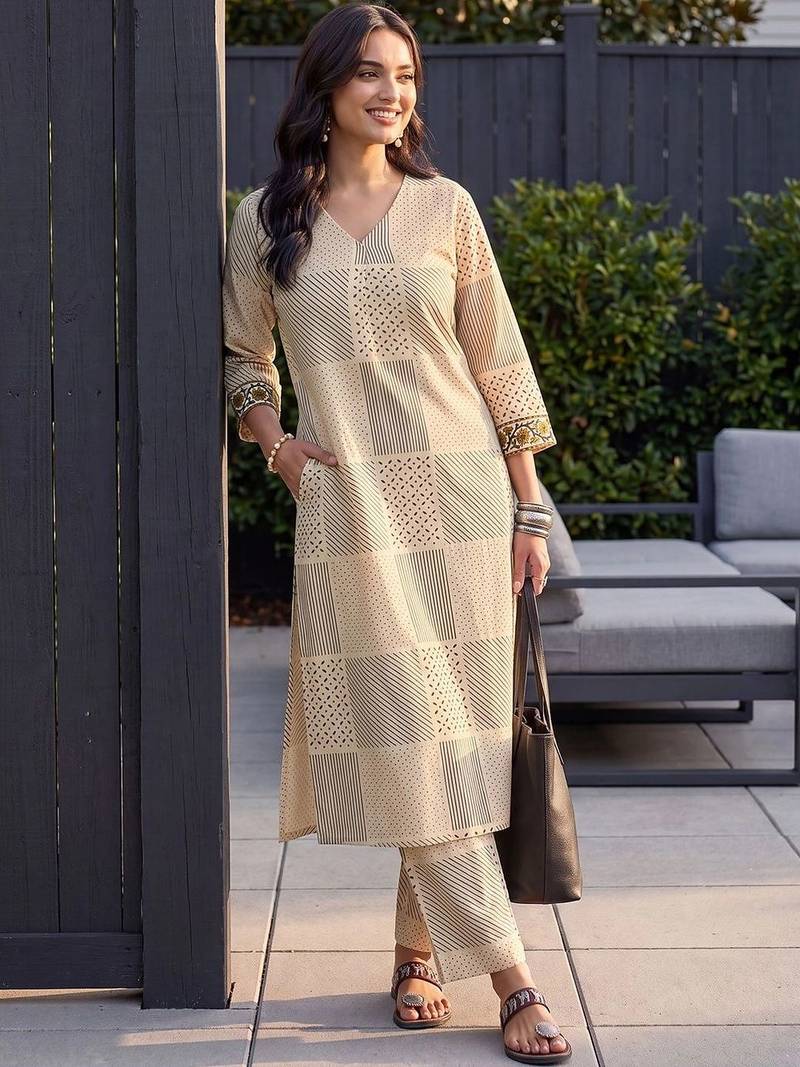 women ethnic motifs printed regular cotton kurta with trousers