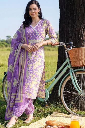 women floral printed angrakha cotton kurta with patiala & with dupatta