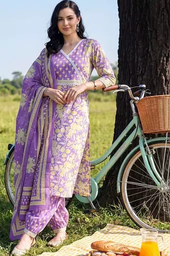 women floral printed angrakha cotton kurta with patiala & with dupatta