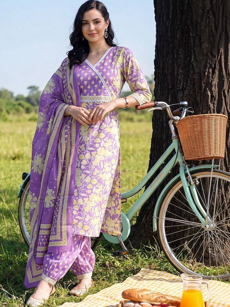 women floral printed angrakha cotton kurta with patiala & with dupatta