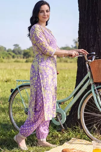 women floral printed angrakha cotton kurta with patiala & with dupatta