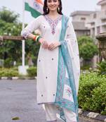 women ethnic motifs embroidered regular thread work cotton kurta with trousers & with dupatta