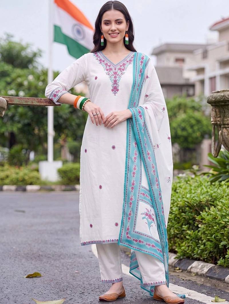 women ethnic motifs embroidered regular thread work cotton kurta with trousers & with dupatta
