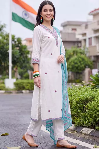 women ethnic motifs embroidered regular thread work cotton kurta with trousers & with dupatta