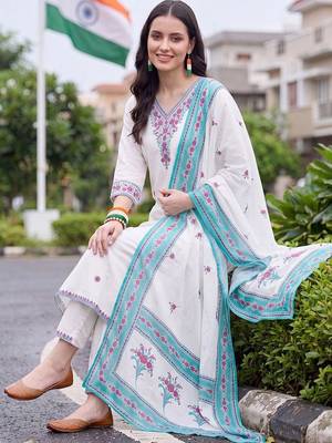 women ethnic motifs embroidered regular thread work cotton kurta with trousers & with dupatta 5