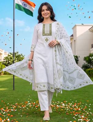women ethnic motifs printed regular cotton kurta with trousers & with dupatta 1