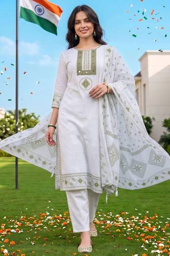 women ethnic motifs printed regular cotton kurta with trousers & with dupatta