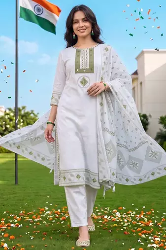 women ethnic motifs printed regular cotton kurta with trousers & with dupatta