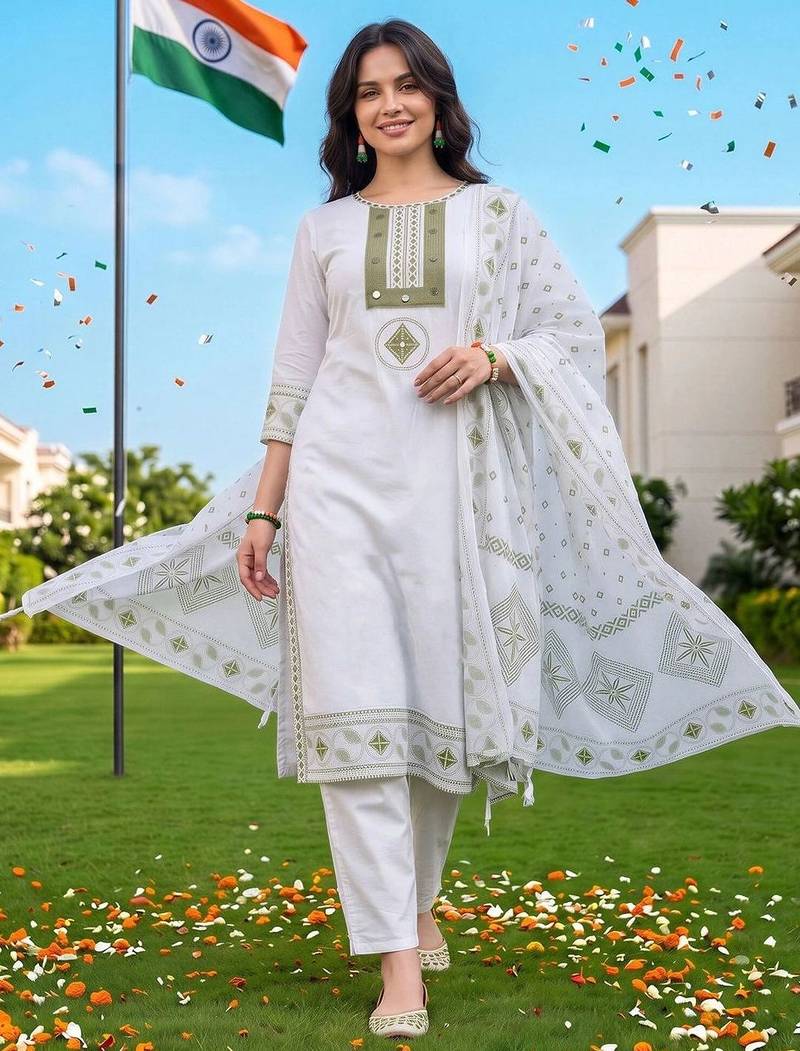 women ethnic motifs printed regular cotton kurta with trousers & with dupatta
