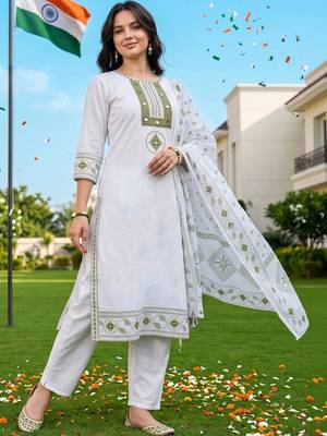 women ethnic motifs printed regular cotton kurta with trousers & with dupatta 6