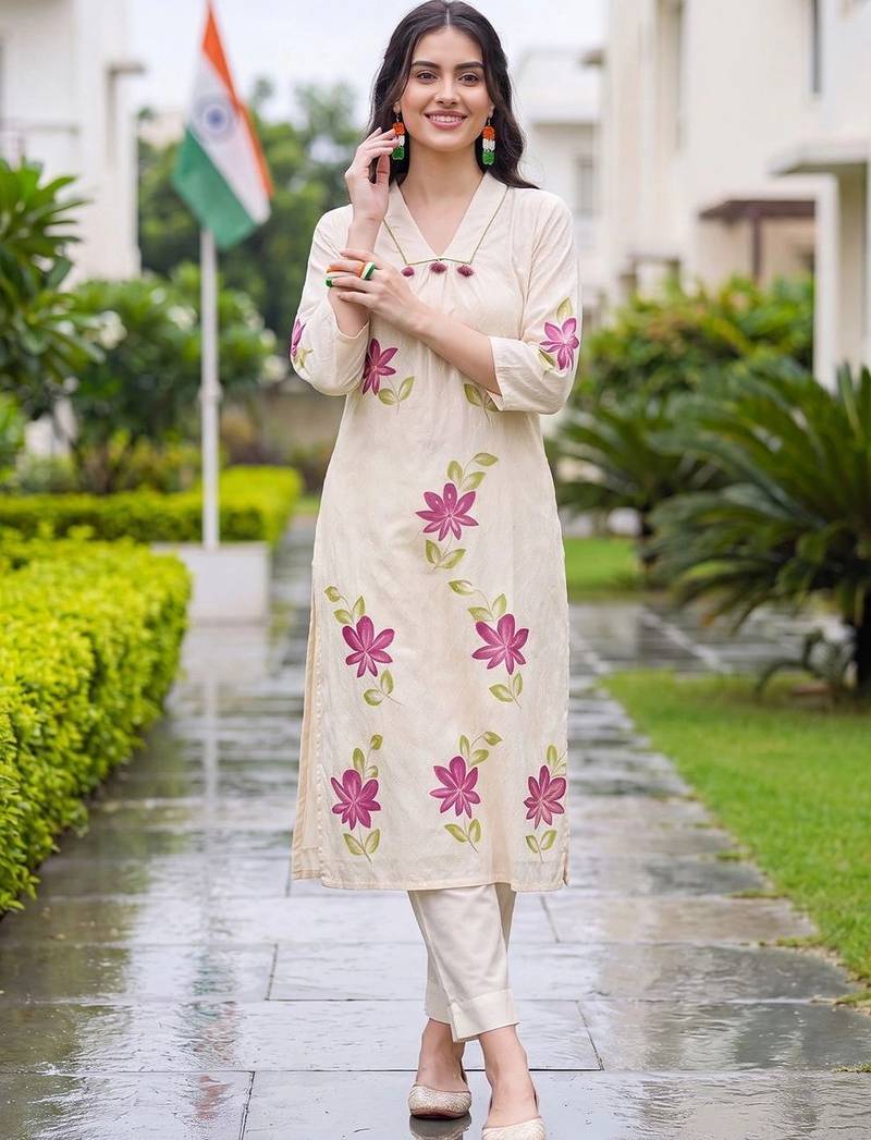 women floral printed regular cotton kurta with trousers & with dupatta