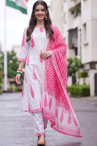 women ethnic motifs printed regular cotton kurta with trousers & with dupatta