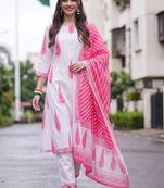 women ethnic motifs printed regular cotton kurta with trousers & with dupatta