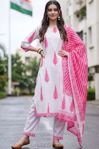 women ethnic motifs printed regular cotton kurta with trousers & with dupatta