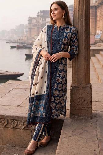 women floral printed regular cotton kurta with trousers & with dupatta
