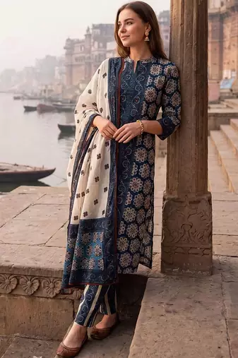 women floral printed regular cotton kurta with trousers & with dupatta