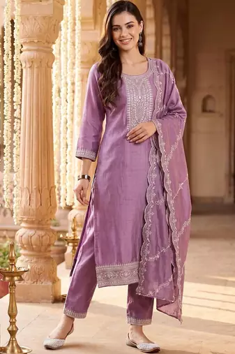 women ethnic motifs embroidered regular thread work kurta with trousers & with dupatta