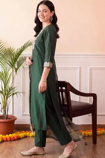women ethnic motifs embroidered regular thread work liva kurta with trousers & with dupatta