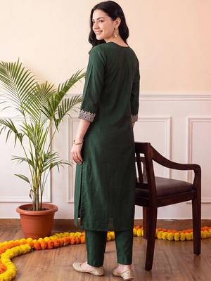 women ethnic motifs embroidered regular thread work liva kurta with trousers & with dupatta 4